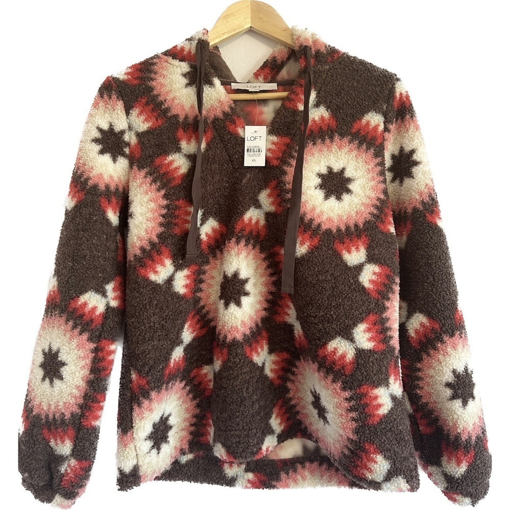 LOFT Sweater Hoodie Women's Size XS Sherpa Pullover Brown Red  Sunburst